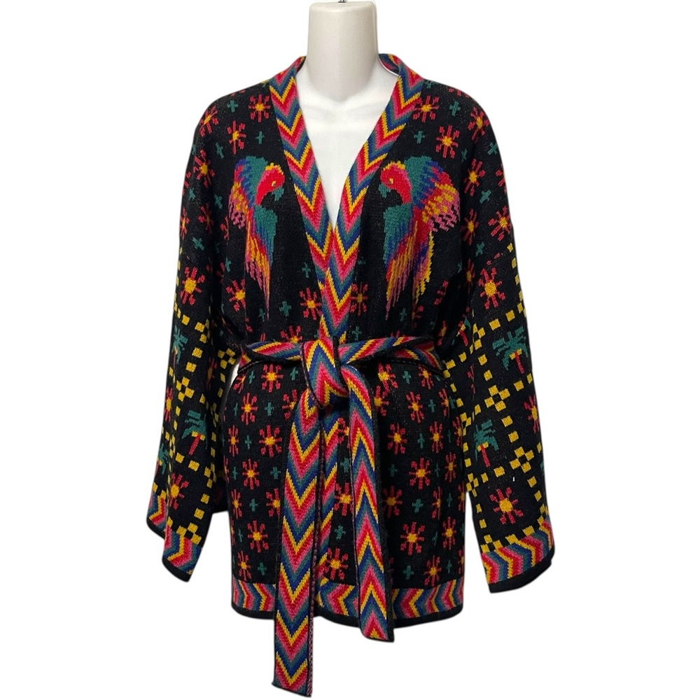 NWT FARM RIO Black Macaw Night Kimono Sweater Cardigan L